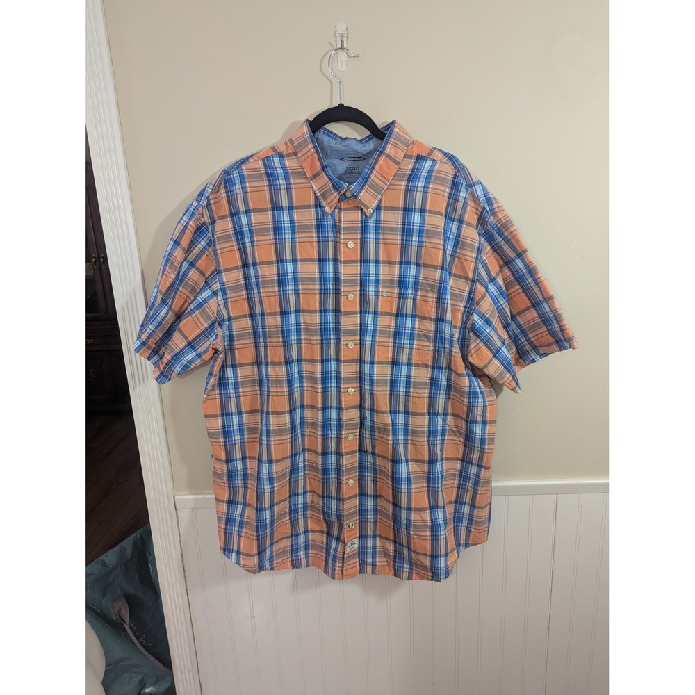 IZOD Saltwater Seaport Poplin Shirt Mens 2XL Orange Blue Plaid Short Sleeve